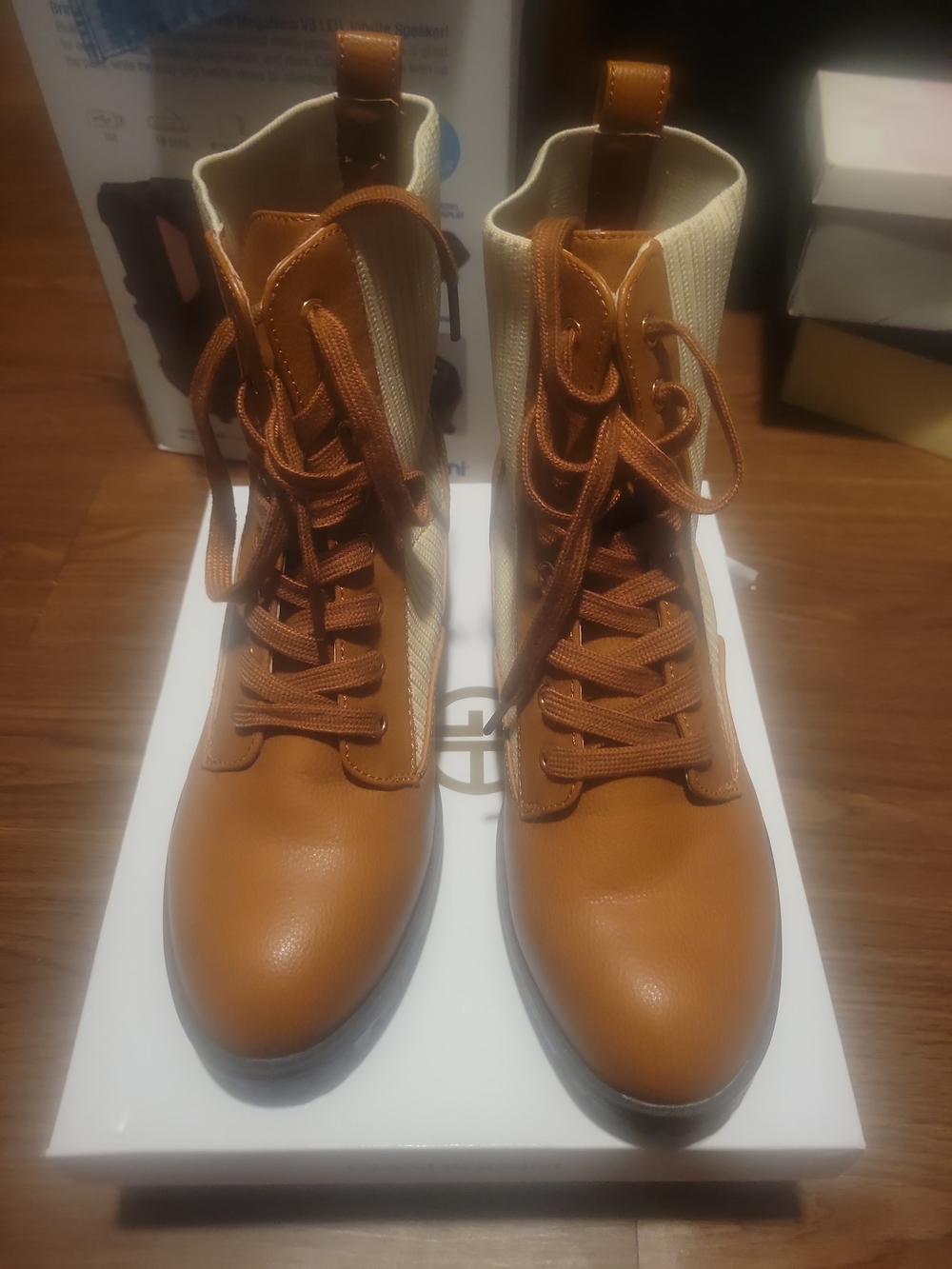 Tan Lace-Up Combat Boots with Cream Knit Panels